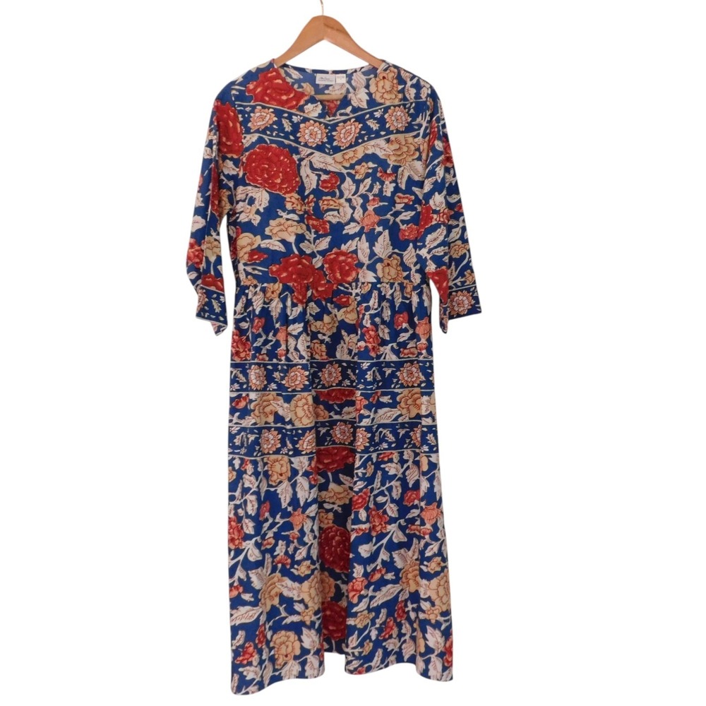 NEW Womens Dress Muumuu Patio Blue and Rust Floral 3/4 Sleeves Cotton Sz Small